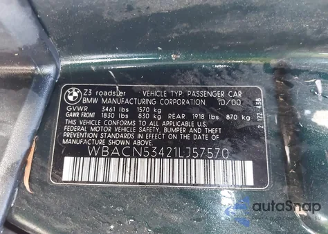 2001 BMW Z3 3.0I from USA, damaged, VIN WBACN53421LJ57570